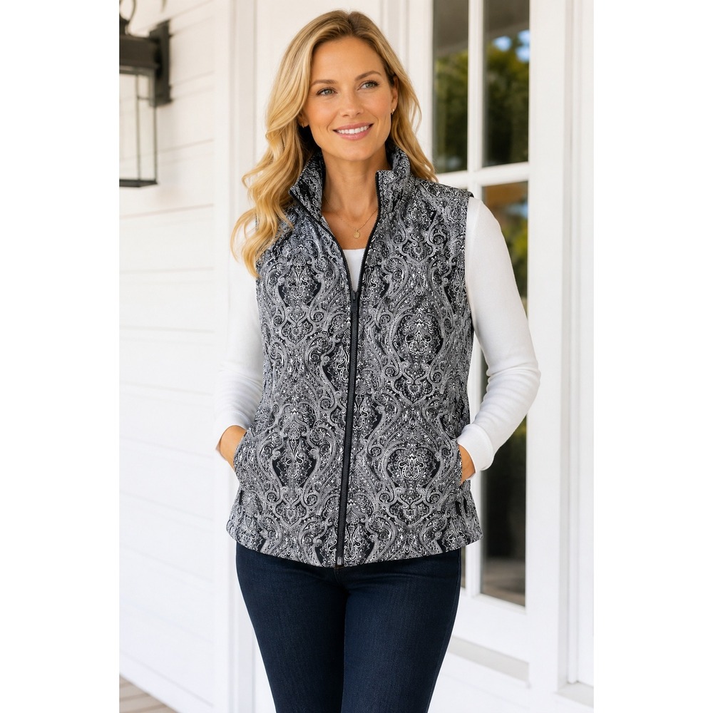 Talbots Womens L Paisley Down Puffer Vest Black White Quilted Full Zip Preppy